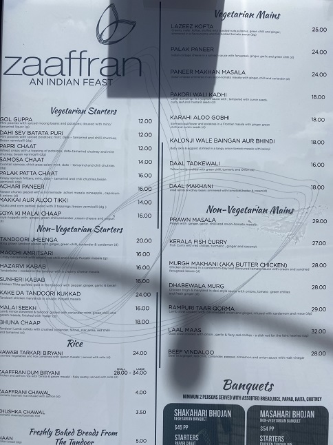 インド料理レストラン「Zaaffran」のメニュー